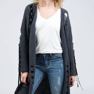POL Distressed Shredded & Lace Up Cardigan